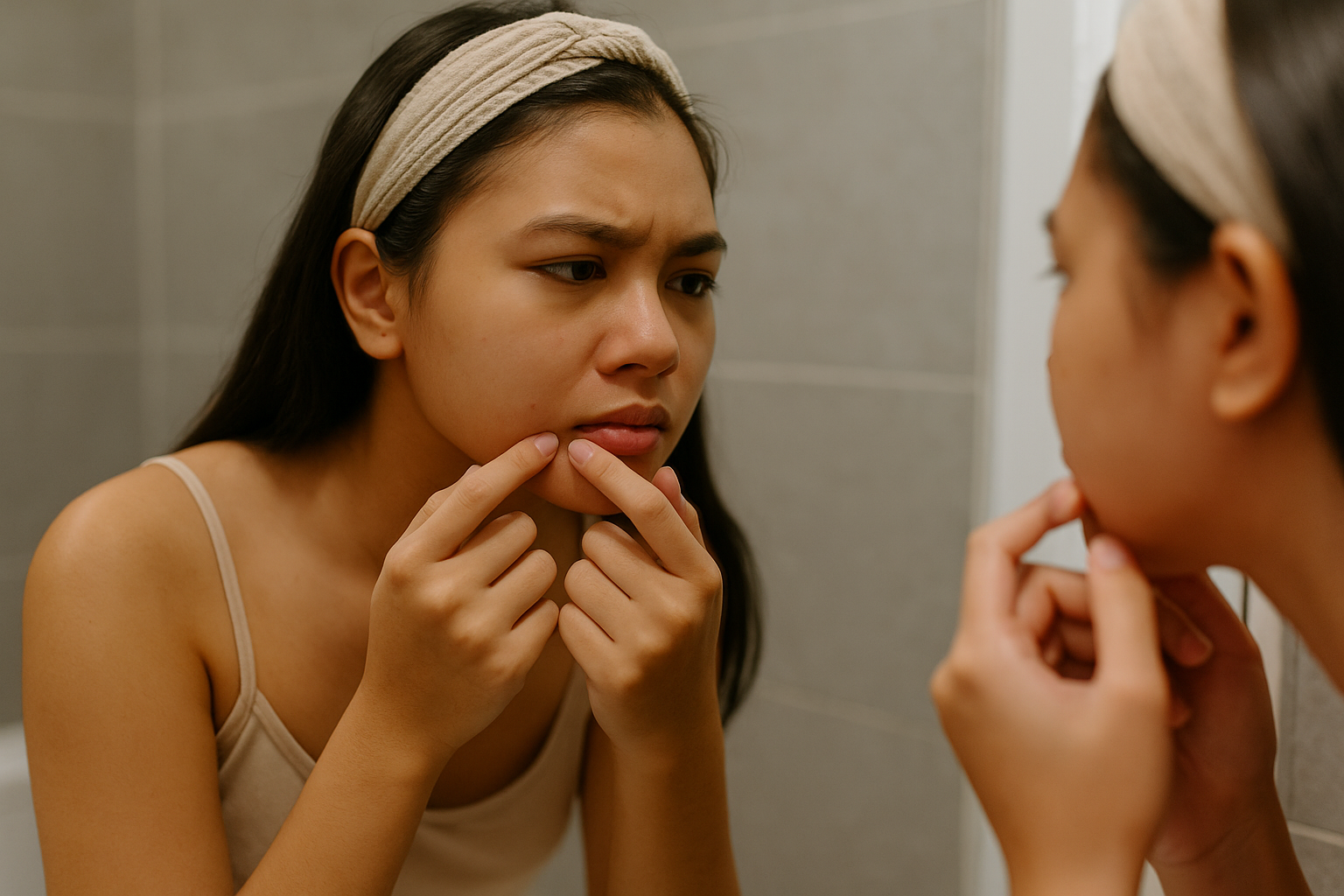 Young woman inspecting a pimple in the mirror.